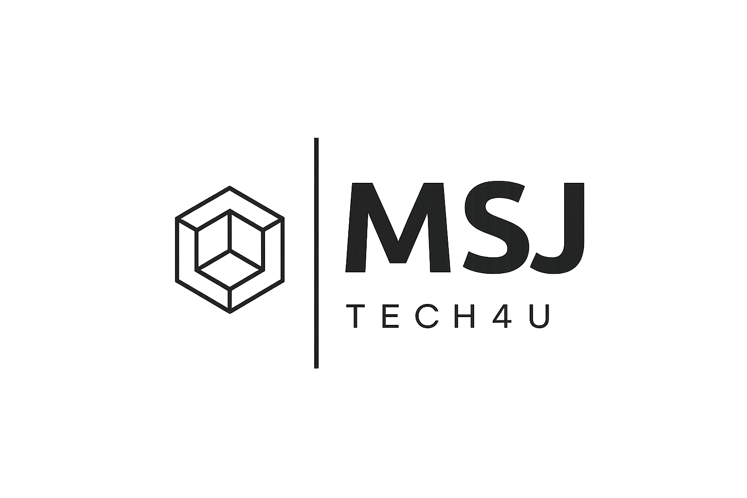 MSJ Tech4U logo featuring a geometric cube icon to the left of a vertical line, with bold letters MSJ and the text TECH4U below in a modern sans-serif font, conveying a professional and innovative technology brand